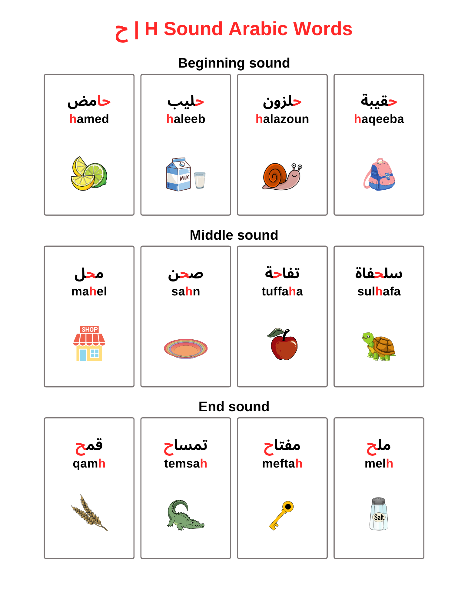 Free Printable Arabic H Sound Speech Therapy Worksheets (Letter ح ...