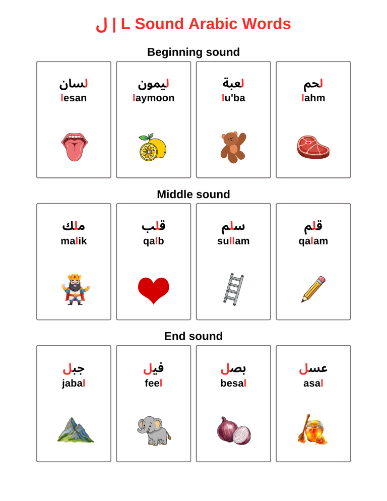 Free Printable Arabic L Sound Speech Therapy Worksheets (Letter ل ...